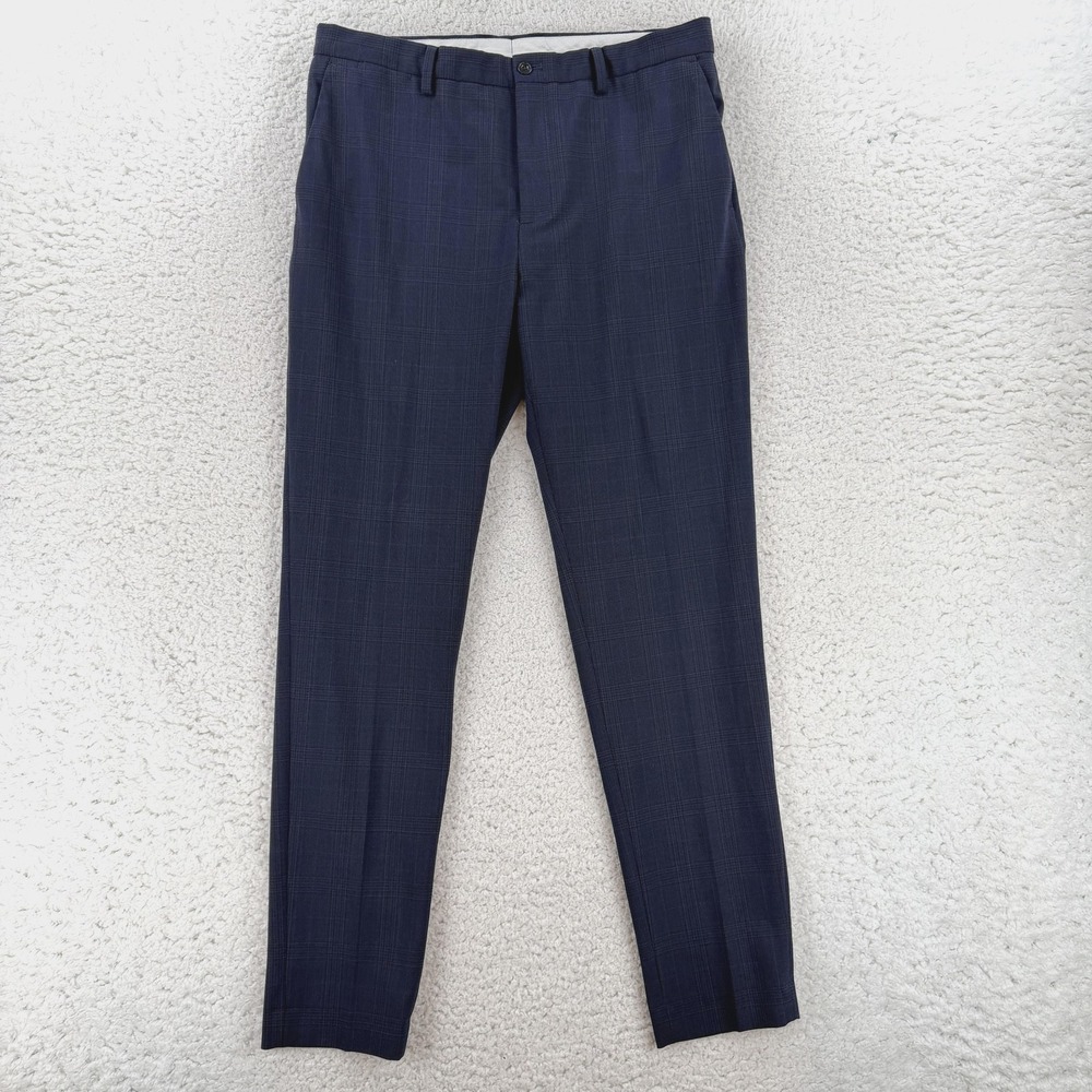 Zara Mens 34x31 Blue Slim Fit Wool Blend Check Stretch Dress Office Suit Pants